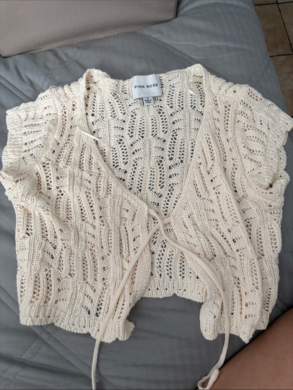 Pink Rose Cream Open-Front Knit Tie-Waist Cardigan
